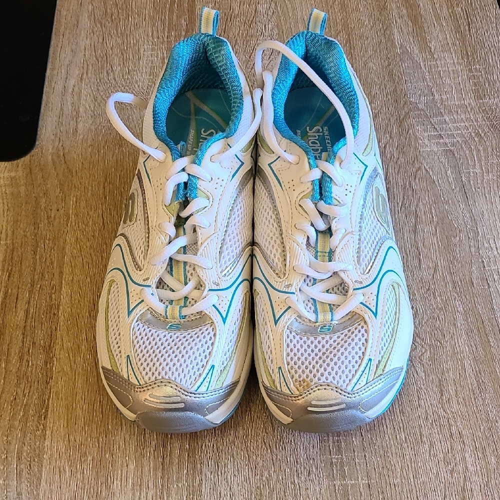 Skechers White and Teal Sneakers with Silver Details Shape Ups
